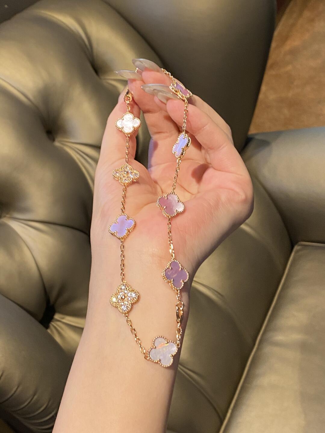 [GALE]CLOVER 10 MOTIFS DIAMOND PINK MOP NECKLACE