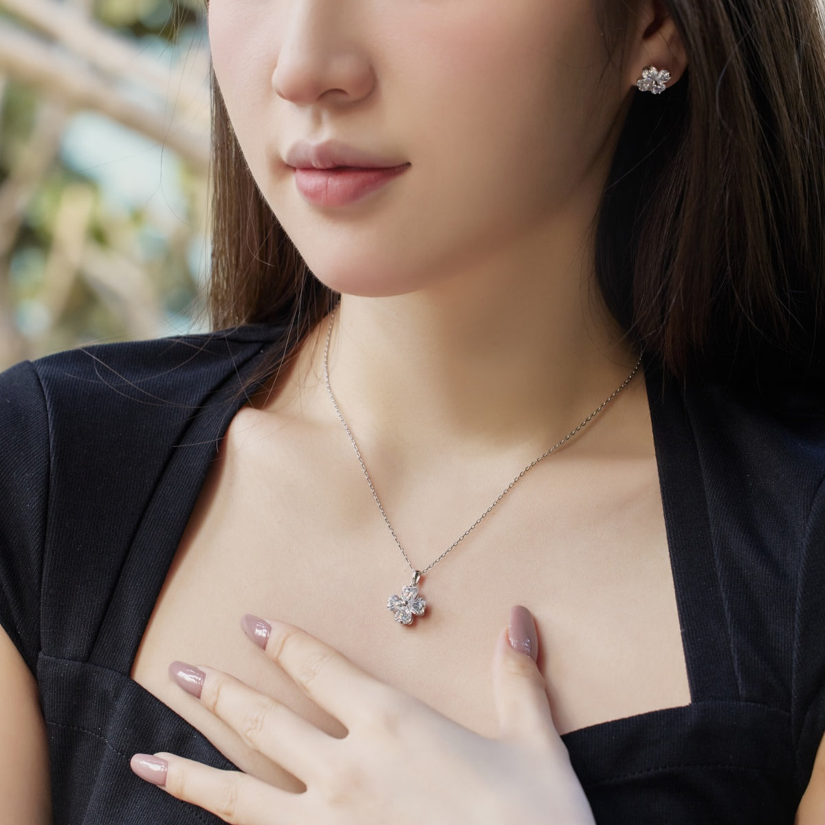 [GALE]Heart-Shaped Four-Leaf Clover Bead Necklace