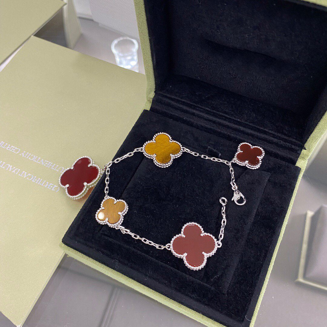 [NOVO]クローバー 5モチーフ シルバー カーネリアン タイガーアイ ブレスレット
