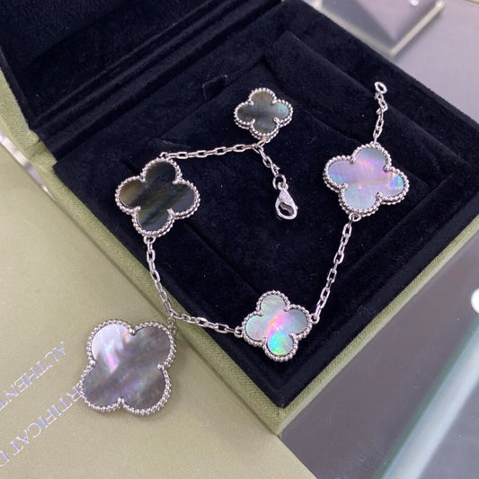 [GALE]CLOVER 5 MOTIFS SIVLER DARK MOP BRACELET