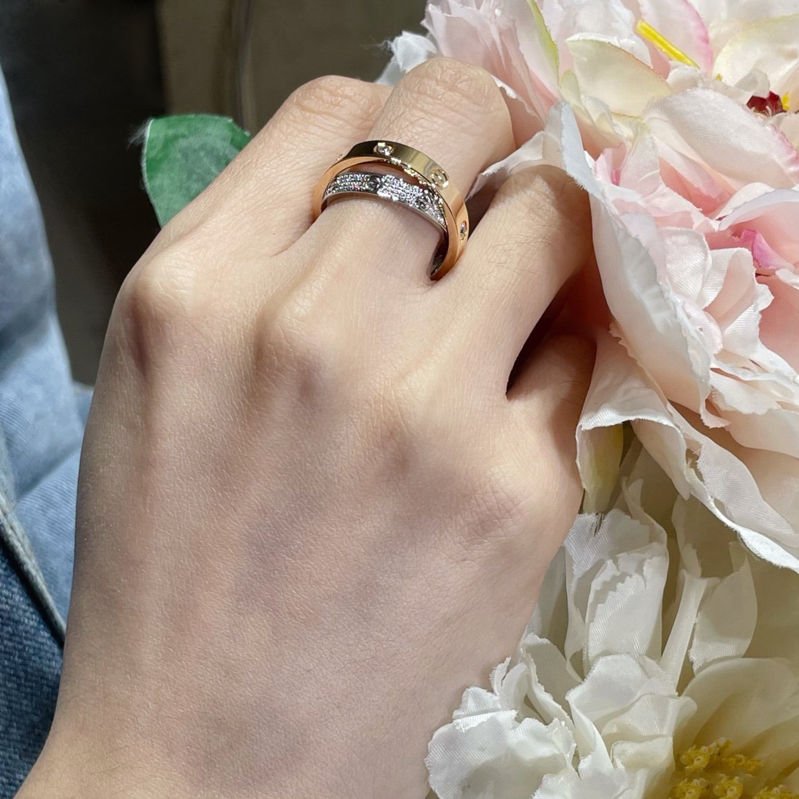 [GALE]LOVE PINK GOLD SILVER DIAMOND DOUBLE RING