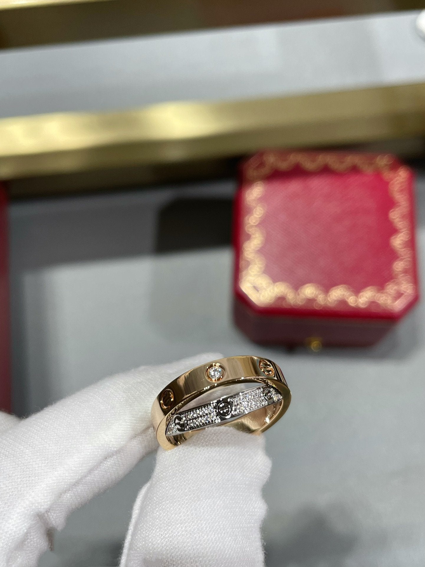 [GALE]LOVE PINK GOLD SILVER DIAMOND DOUBLE RING