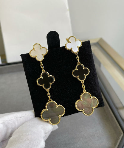 [GALE]CLOVER 3 MOTIF MOP ONYX DARK MOP PINK GOLD EARRINGS