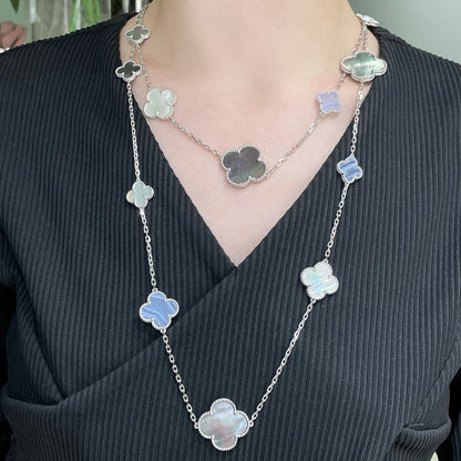 [GALE]CLOVER 16 MOTIF CHALCEDONY MOP SILVER NECKLACE