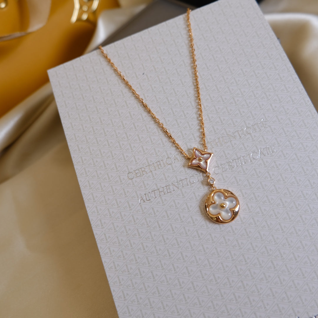 [GALE]STAR AND SUN WHITE MOP 2 MOTIF PINK GOLD NECKLACE