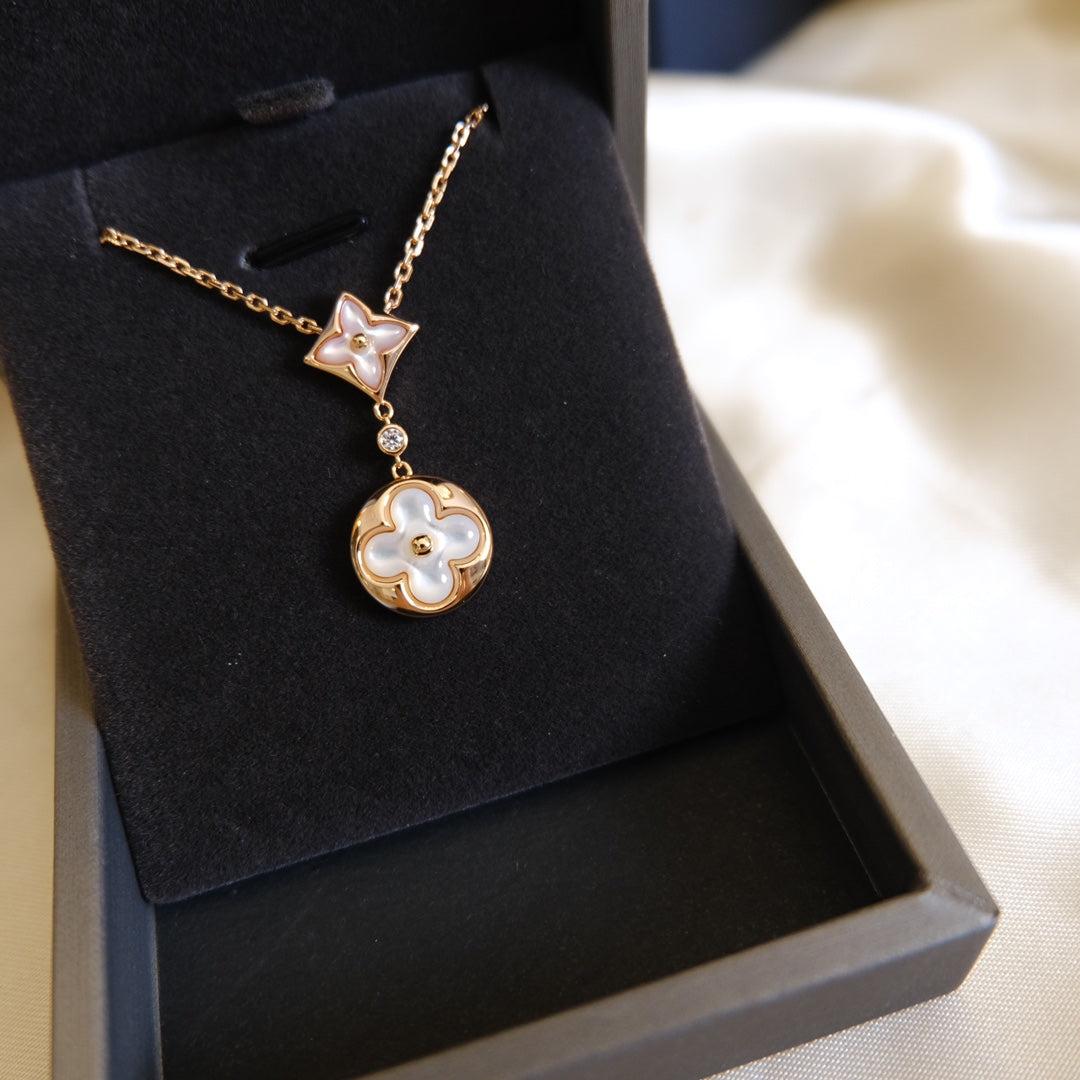 [GALE]STAR AND SUN WHITE MOP 2 MOTIF PINK GOLD NECKLACE