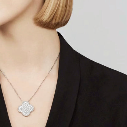 [GALE]CLOVER 25MM LARGE PENDANT DIAMOND PAVED SILVER NECKLACE