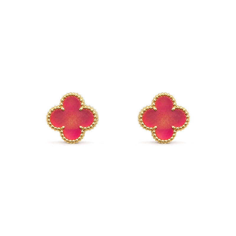 [GALE]NEW CLOVER 15MM PINK ENAMEL STUD EARRINGS