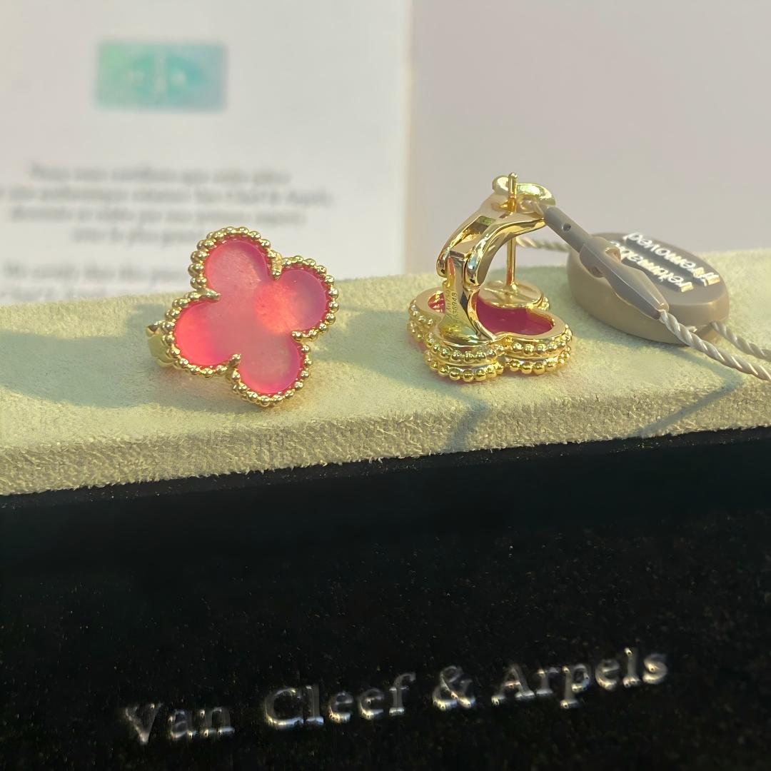 [GALE]NEW CLOVER 15MM PINK ENAMEL STUD EARRINGS