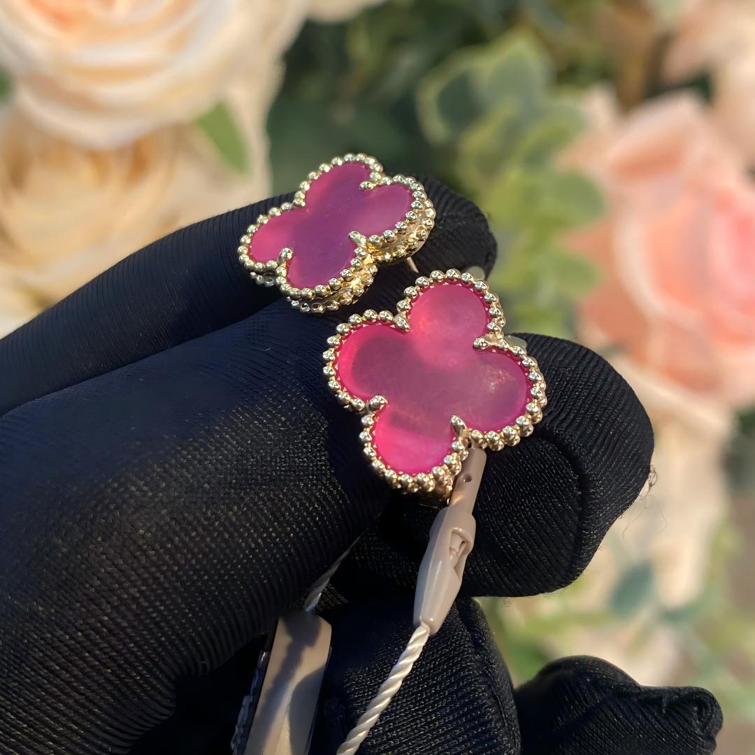 [GALE]NEW CLOVER 15MM PINK ENAMEL STUD EARRINGS