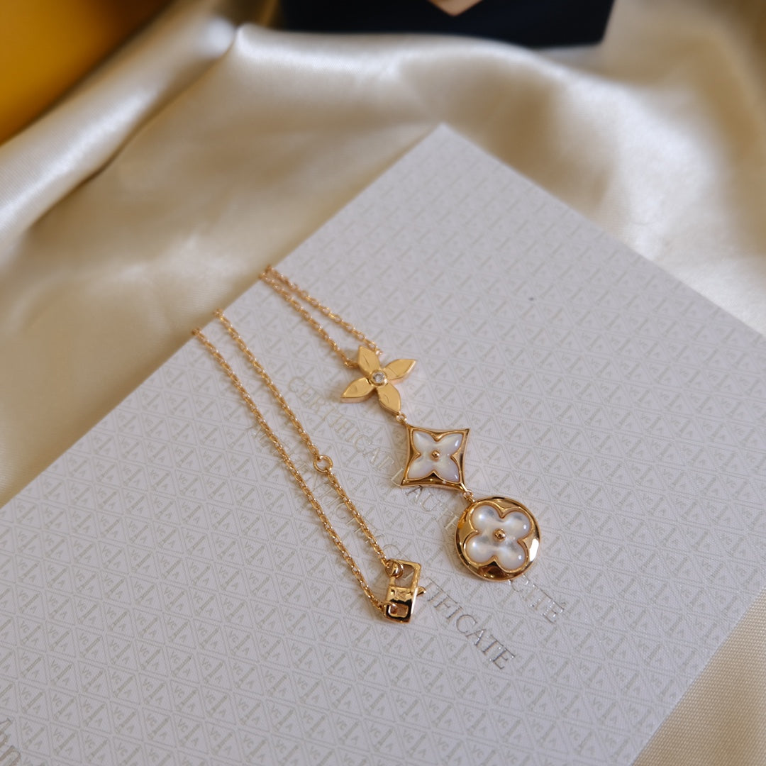 [GALE]COLOR BLOSSOM LARIAT NECKLACE PINK GOLD WHITE MOTHER PEARL AND DIAMOND