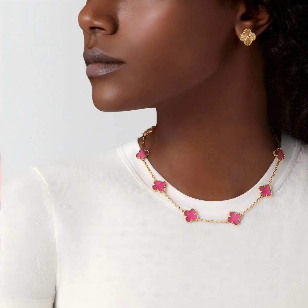 [GALE]NEW CLOVER 10 MOTIFS PINK ENAMEL NECKLACE