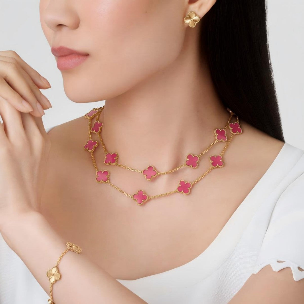 [GALE] NEW CLOVER 20 MOTIFS PINK ENAMEL NECKLACE