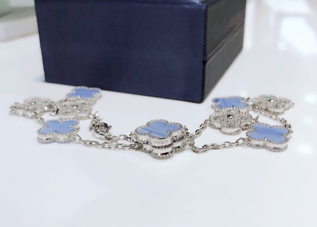[GALE]CLOVER 10 MOTIFS CHALCEDONY DIAMONDS SILVER NECKLACE